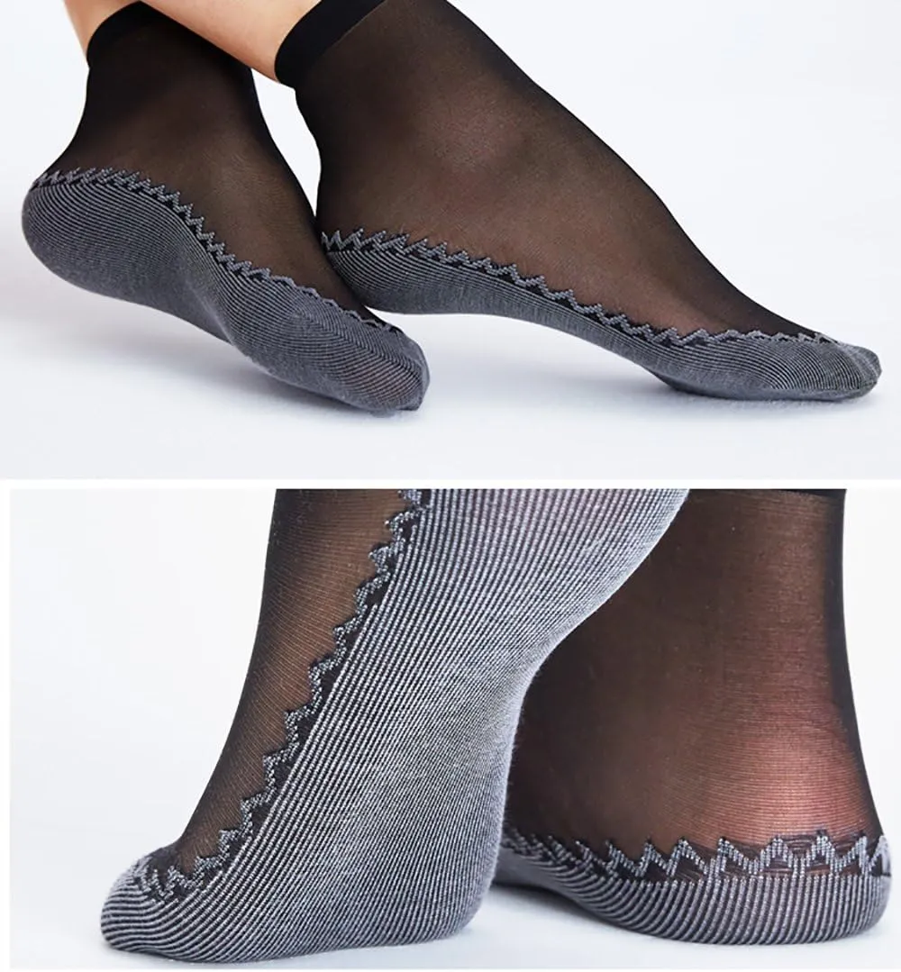 Women's 6 Pairs Silky Anti-Slip Cotton Sole Sheer Ankle High Tights Hosiery Socks Reinforced Toe