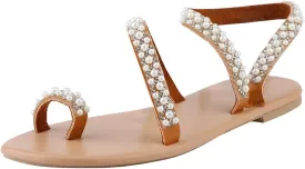 Women's Summer Sandals Gladiator Bohemia Flip Flops Pearls Toe Ring Beach Flat Sandal Slip On Casual Walking Shoes