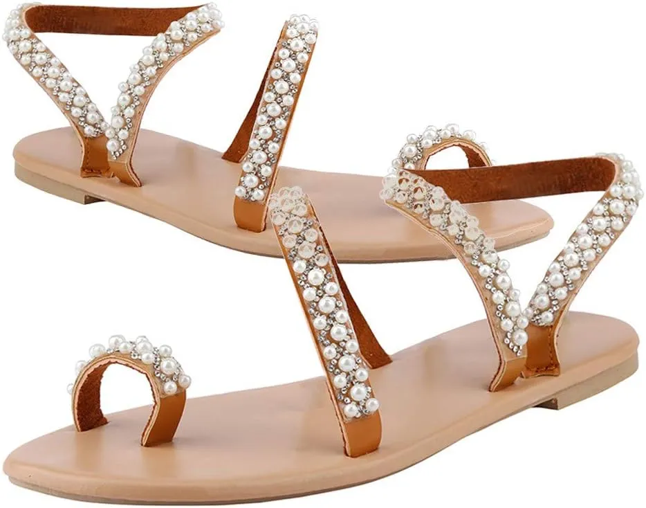 Women's Summer Sandals Gladiator Bohemia Flip Flops Pearls Toe Ring Beach Flat Sandal Slip On Casual Walking Shoes