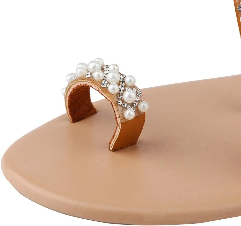 Women's Summer Sandals Gladiator Bohemia Flip Flops Pearls Toe Ring Beach Flat Sandal Slip On Casual Walking Shoes