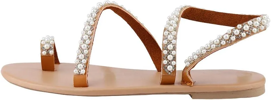 Women's Summer Sandals Gladiator Bohemia Flip Flops Pearls Toe Ring Beach Flat Sandal Slip On Casual Walking Shoes