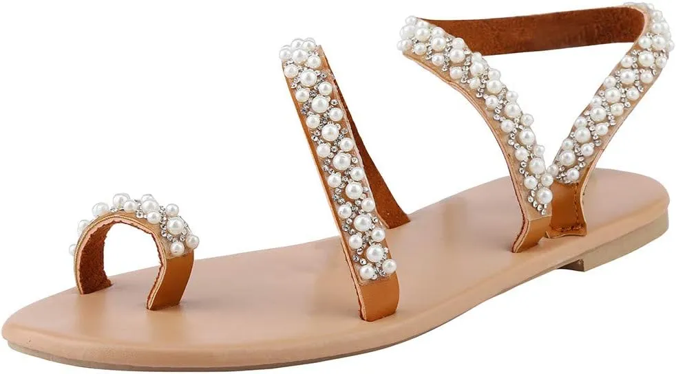 Women's Summer Sandals Gladiator Bohemia Flip Flops Pearls Toe Ring Beach Flat Sandal Slip On Casual Walking Shoes
